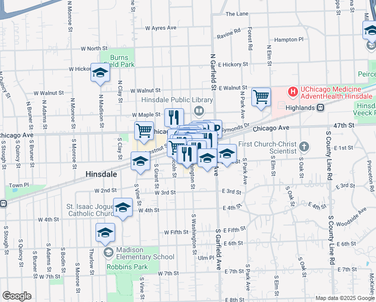 map of restaurants, bars, coffee shops, grocery stores, and more near 44 West Hinsdale Avenue in Hinsdale