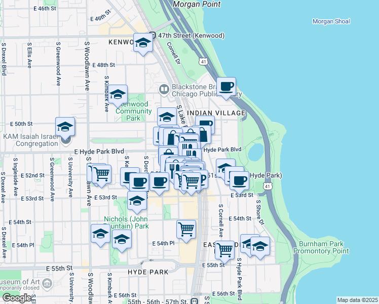 map of restaurants, bars, coffee shops, grocery stores, and more near 1525 East Hyde Park Boulevard in Chicago