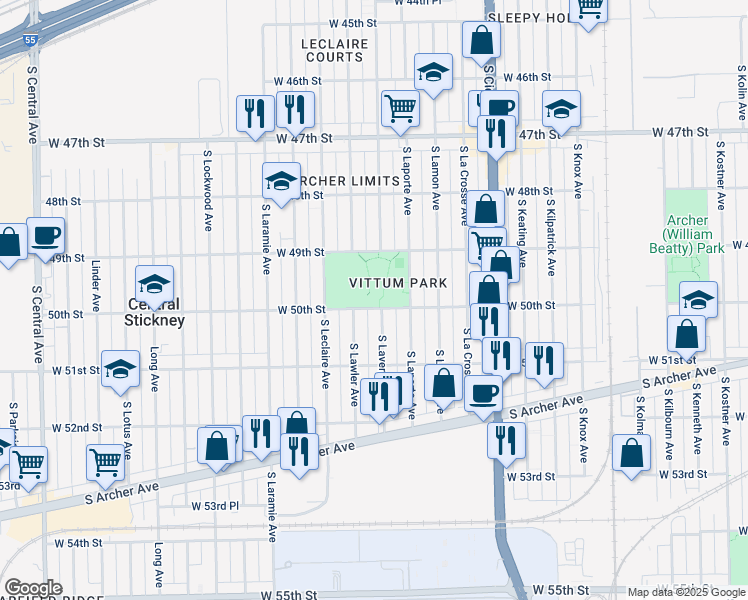 map of restaurants, bars, coffee shops, grocery stores, and more near 5010 West 50th Street in Chicago