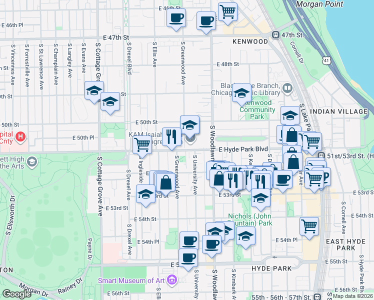 map of restaurants, bars, coffee shops, grocery stores, and more near 1123 East Hyde Park Boulevard in Chicago