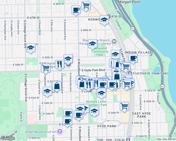 map of restaurants, bars, coffee shops, grocery stores, and more near S Kimbark Ave & E Hyde Park Blvd in Chicago
