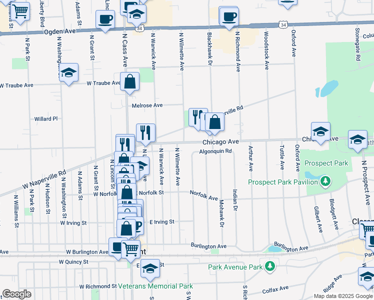 map of restaurants, bars, coffee shops, grocery stores, and more near 2 Hiawatha Drive in Clarendon Hills