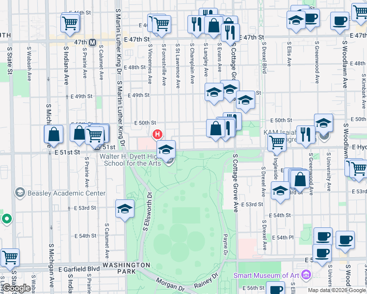map of restaurants, bars, coffee shops, grocery stores, and more near 612 East 51st Street in Chicago