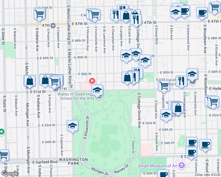 map of restaurants, bars, coffee shops, grocery stores, and more near 612 East 51st Street in Chicago