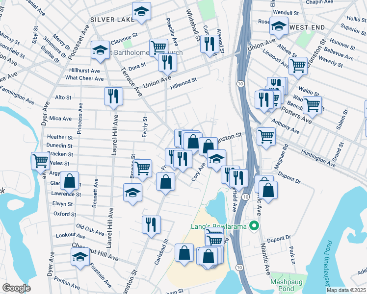 map of restaurants, bars, coffee shops, grocery stores, and more near 122 Franklin Avenue in Cranston