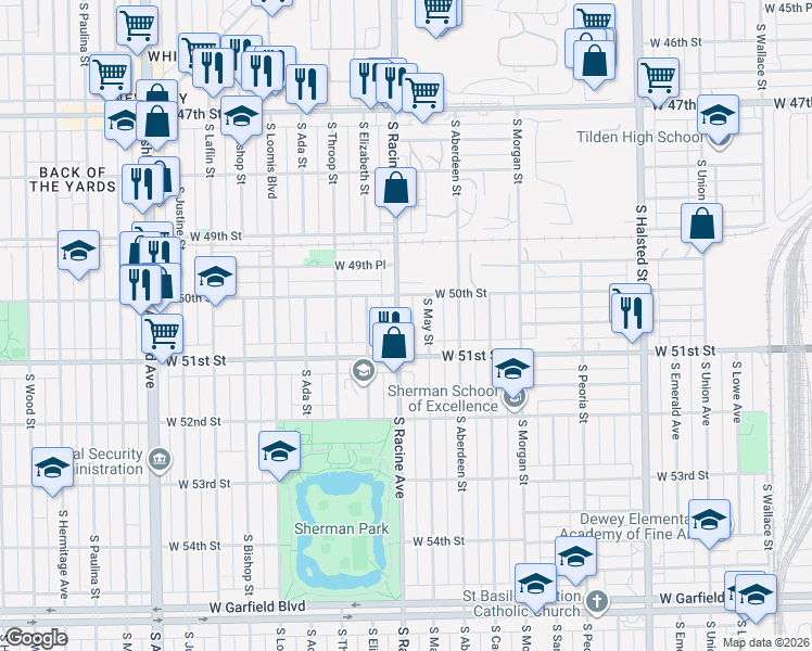map of restaurants, bars, coffee shops, grocery stores, and more near 5044 South May Street in Chicago