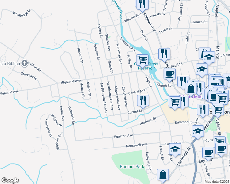 map of restaurants, bars, coffee shops, grocery stores, and more near 191 Central Avenue in Torrington