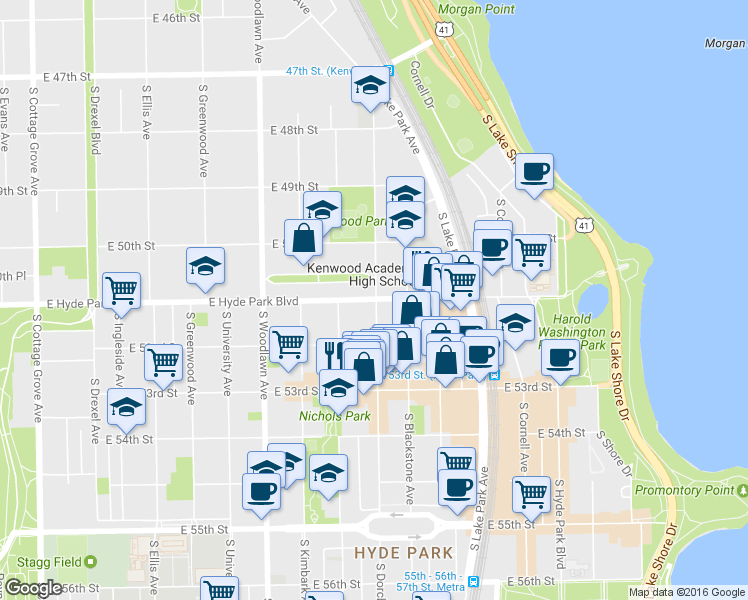 map of restaurants, bars, coffee shops, grocery stores, and more near 1399 E Hyde Park Blvd in Chicago