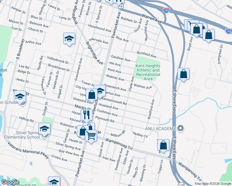 map of restaurants, bars, coffee shops, grocery stores, and more near 57 Allerton Avenue in East Providence