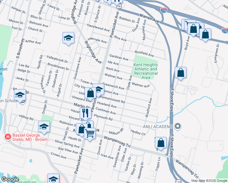 map of restaurants, bars, coffee shops, grocery stores, and more near 57 Allerton Avenue in East Providence