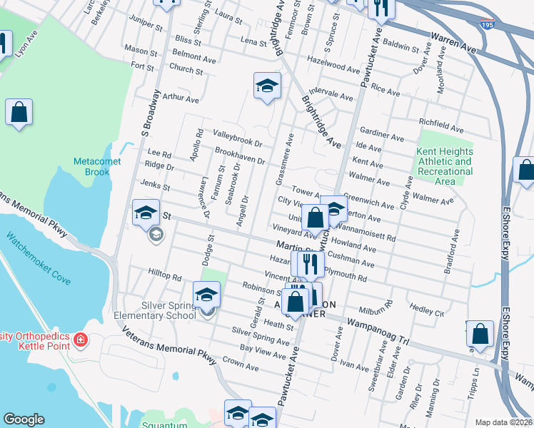 map of restaurants, bars, coffee shops, grocery stores, and more near 210 Grassmere Avenue in East Providence