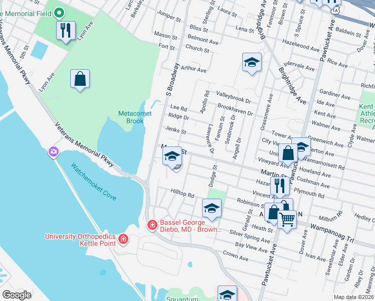 map of restaurants, bars, coffee shops, grocery stores, and more near 60 Martin Street in East Providence