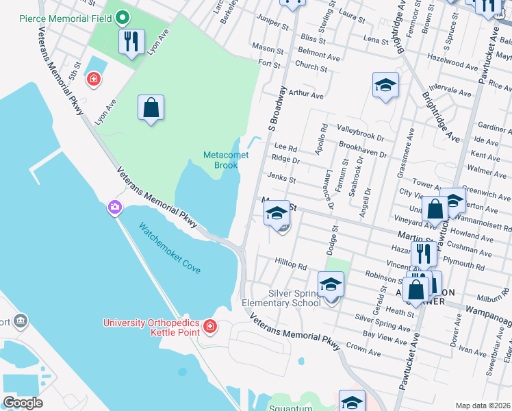 map of restaurants, bars, coffee shops, grocery stores, and more near 1419 South Broadway in East Providence