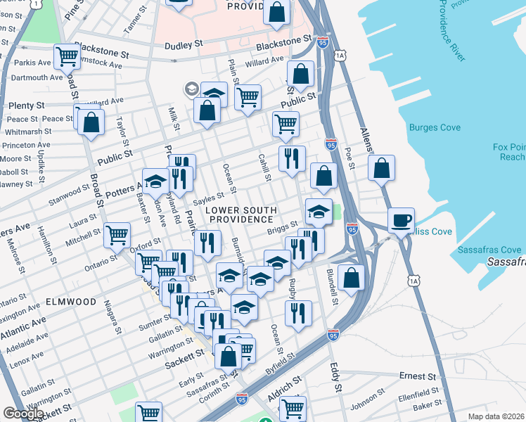 map of restaurants, bars, coffee shops, grocery stores, and more near 67 Ashmont Street in Providence