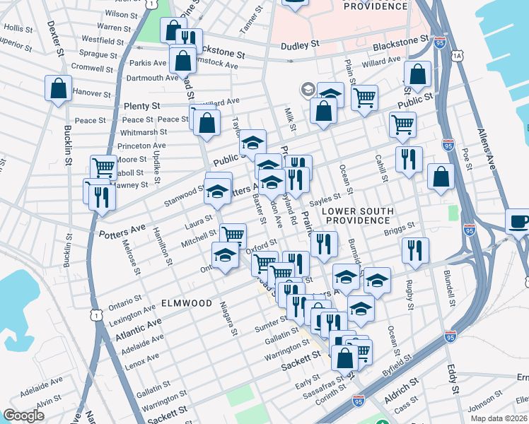 map of restaurants, bars, coffee shops, grocery stores, and more near 10 Lillian Avenue in Providence