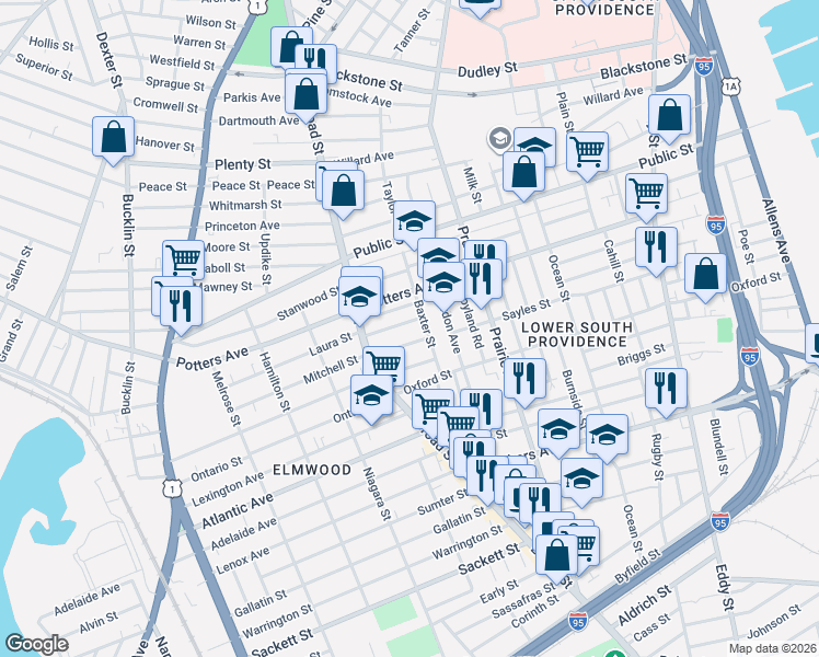 map of restaurants, bars, coffee shops, grocery stores, and more near 10 Lillian Avenue in Providence