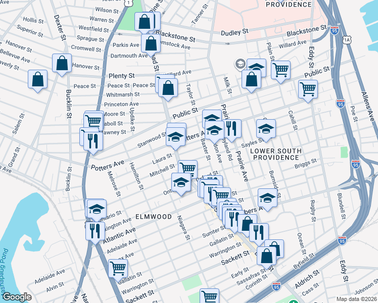 map of restaurants, bars, coffee shops, grocery stores, and more near 49 Lillian Avenue in Providence