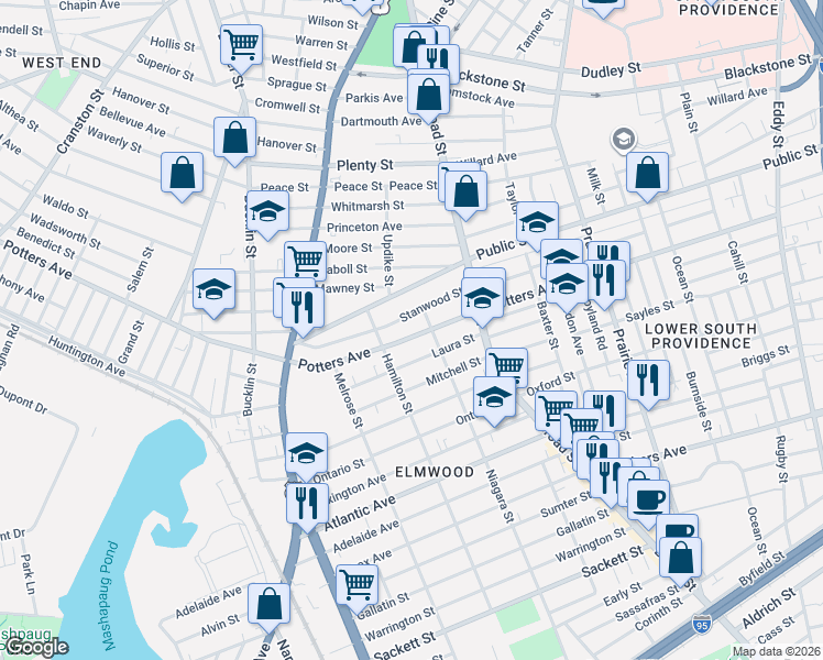 map of restaurants, bars, coffee shops, grocery stores, and more near 51 Niagara Street in Providence