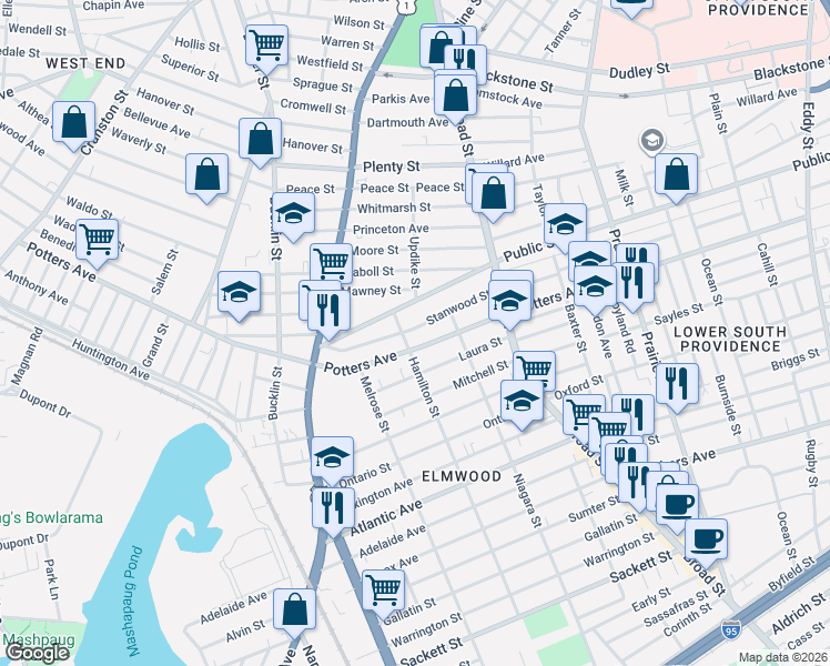 map of restaurants, bars, coffee shops, grocery stores, and more near 419 Potters Avenue in Providence