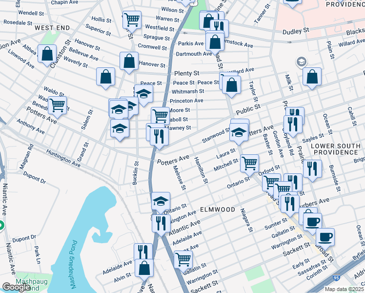 map of restaurants, bars, coffee shops, grocery stores, and more near 146 Stanwood Street in Providence