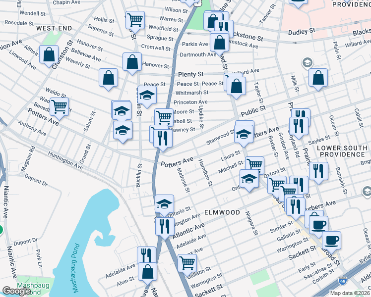 map of restaurants, bars, coffee shops, grocery stores, and more near 146 Stanwood Street in Providence