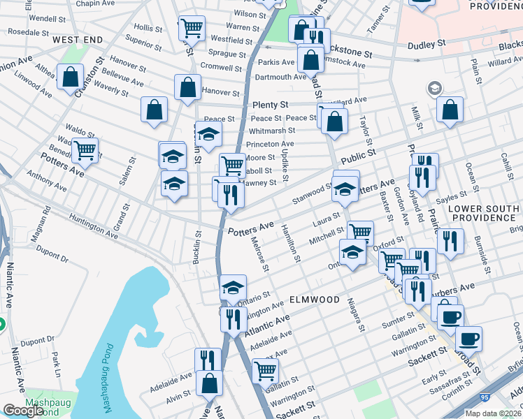 map of restaurants, bars, coffee shops, grocery stores, and more near 146 Stanwood Street in Providence