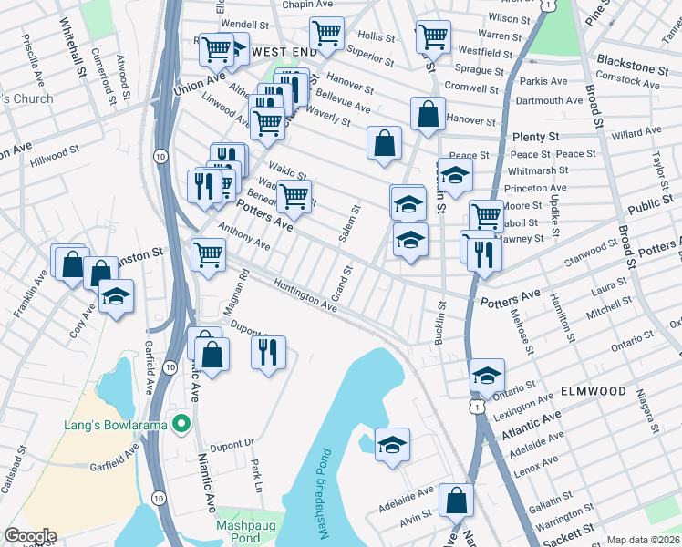 map of restaurants, bars, coffee shops, grocery stores, and more near 44 Seabury Street in Providence