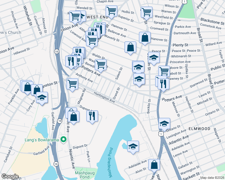 map of restaurants, bars, coffee shops, grocery stores, and more near 44 Seabury Street in Providence