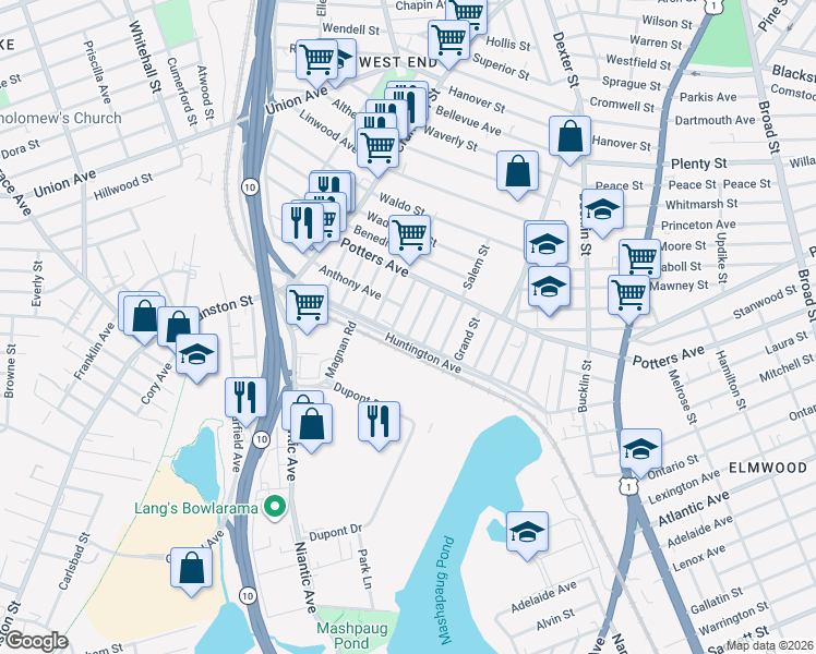 map of restaurants, bars, coffee shops, grocery stores, and more near 610 Huntington Avenue in Providence