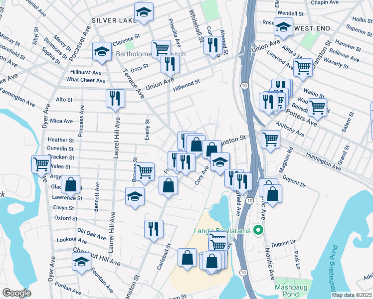map of restaurants, bars, coffee shops, grocery stores, and more near 122 Franklin Avenue in Cranston