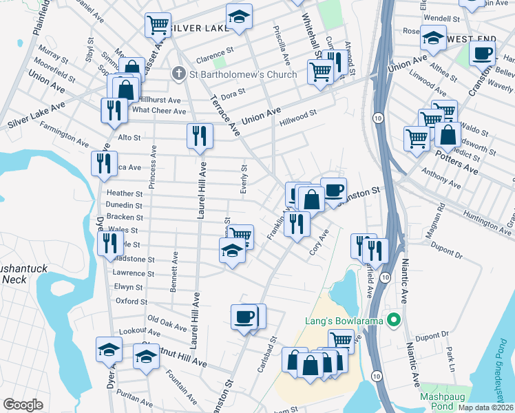 map of restaurants, bars, coffee shops, grocery stores, and more near 97 Bain Street in Cranston