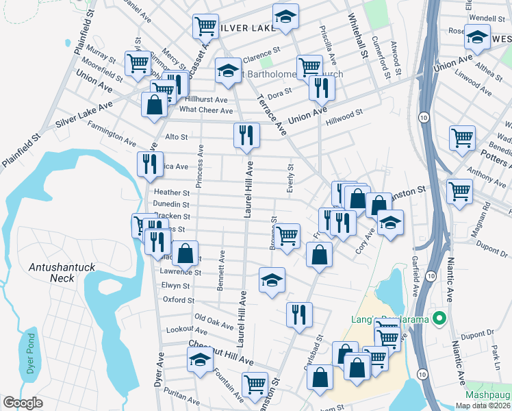 map of restaurants, bars, coffee shops, grocery stores, and more near 54 Dunedin Street in Cranston
