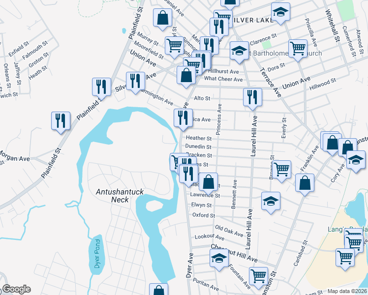 map of restaurants, bars, coffee shops, grocery stores, and more near 441 Dyer Avenue in Cranston