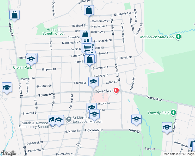 map of restaurants, bars, coffee shops, grocery stores, and more near 570 Blue Hills Avenue in Hartford
