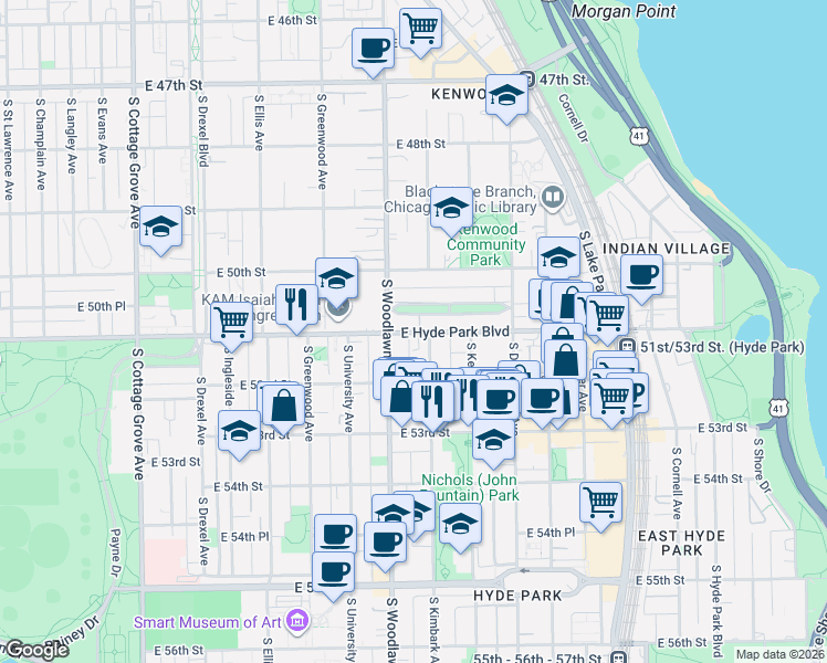 map of restaurants, bars, coffee shops, grocery stores, and more near 1227 East Hyde Park Boulevard in Chicago