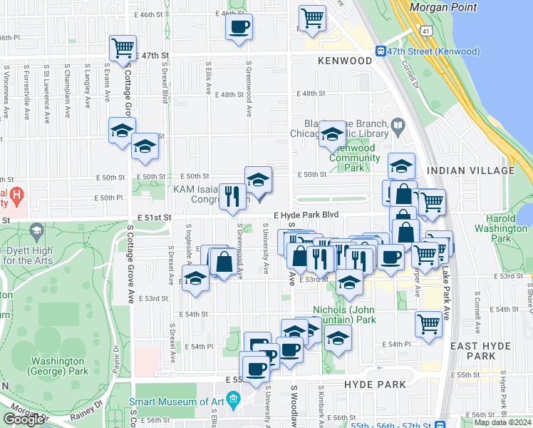 map of restaurants, bars, coffee shops, grocery stores, and more near 1123 East Hyde Park Boulevard in Chicago