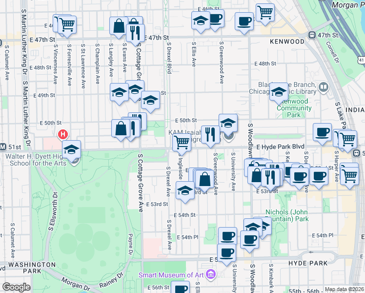 map of restaurants, bars, coffee shops, grocery stores, and more near 919 East Hyde Park Boulevard in Chicago