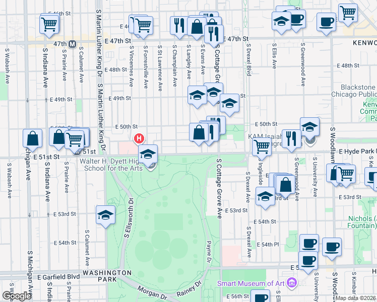 map of restaurants, bars, coffee shops, grocery stores, and more near 656 East 51st Street in Chicago