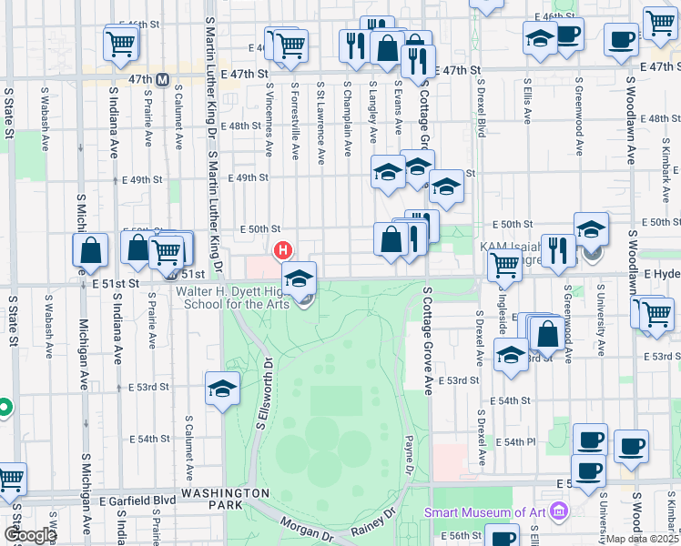 map of restaurants, bars, coffee shops, grocery stores, and more near 612 East 51st Street in Chicago