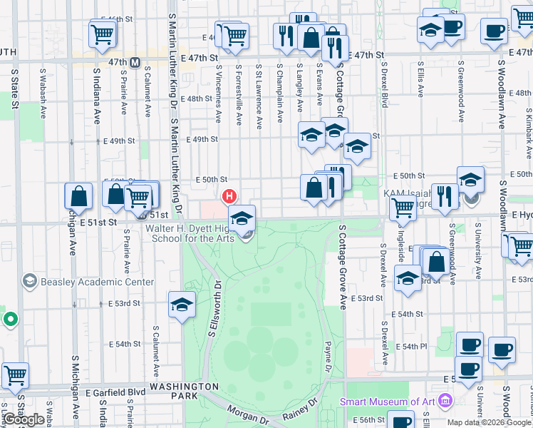 map of restaurants, bars, coffee shops, grocery stores, and more near 612 East 51st Street in Chicago