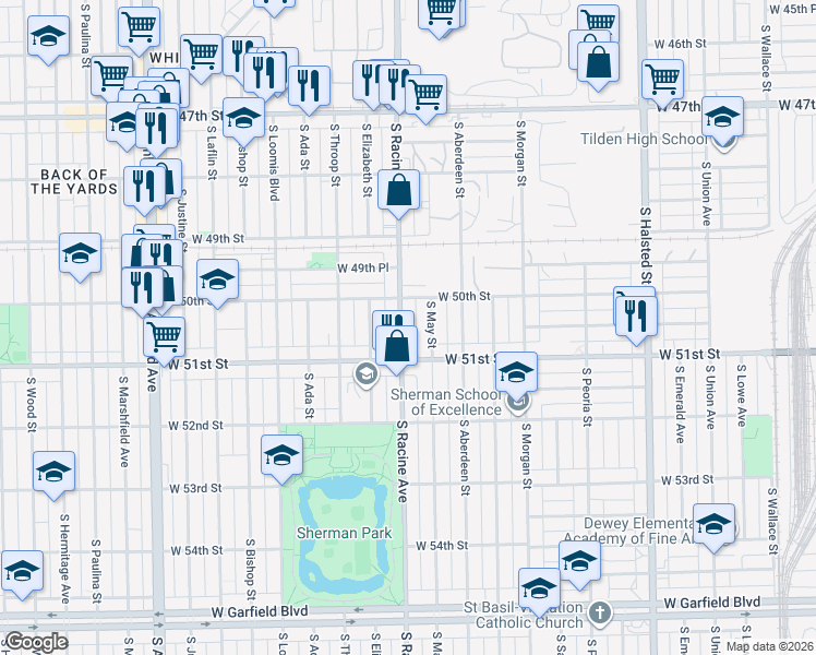 map of restaurants, bars, coffee shops, grocery stores, and more near 5042 South Racine Avenue in Chicago