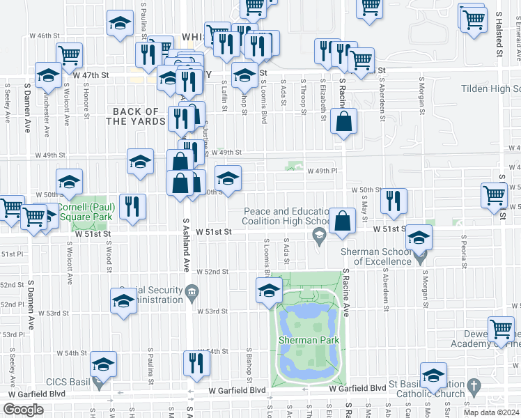 map of restaurants, bars, coffee shops, grocery stores, and more near 5036 South Loomis Boulevard in Chicago