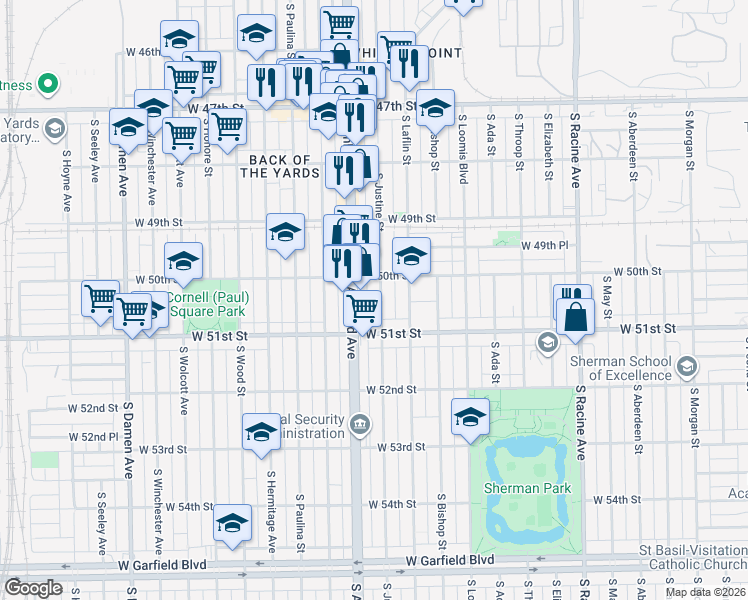 map of restaurants, bars, coffee shops, grocery stores, and more near 5037 South Ashland Avenue in Chicago