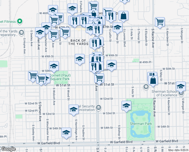map of restaurants, bars, coffee shops, grocery stores, and more near 5037 South Ashland Avenue in Chicago