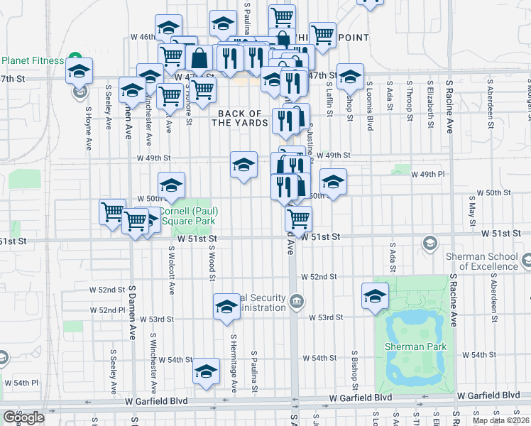map of restaurants, bars, coffee shops, grocery stores, and more near 5034 South Marshfield Avenue in Chicago