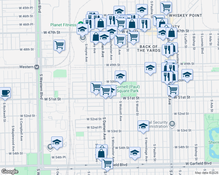 map of restaurants, bars, coffee shops, grocery stores, and more near 5036 South Winchester Avenue in Chicago