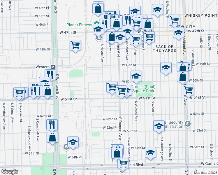 map of restaurants, bars, coffee shops, grocery stores, and more near 5035 South Hoyne Avenue in Chicago