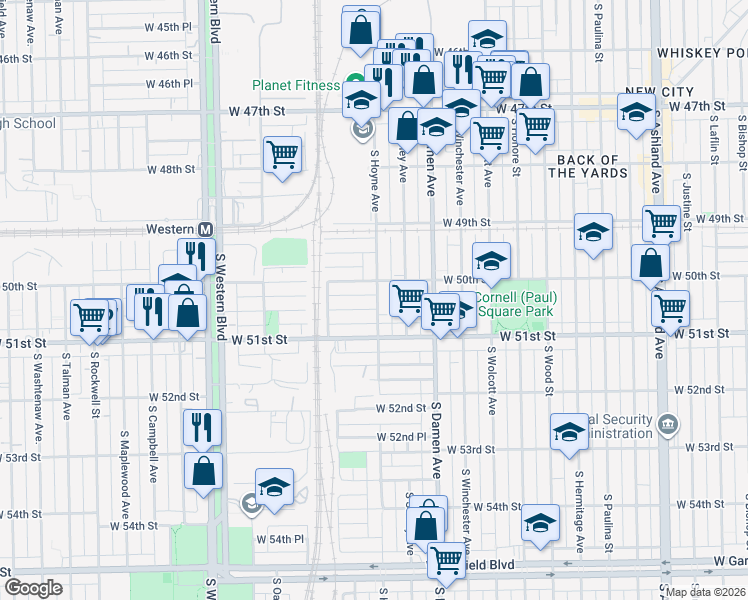 map of restaurants, bars, coffee shops, grocery stores, and more near 5035 South Hoyne Avenue in Chicago