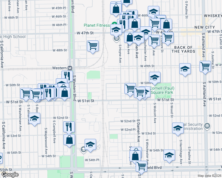 map of restaurants, bars, coffee shops, grocery stores, and more near 2127 West 50th Place in Chicago