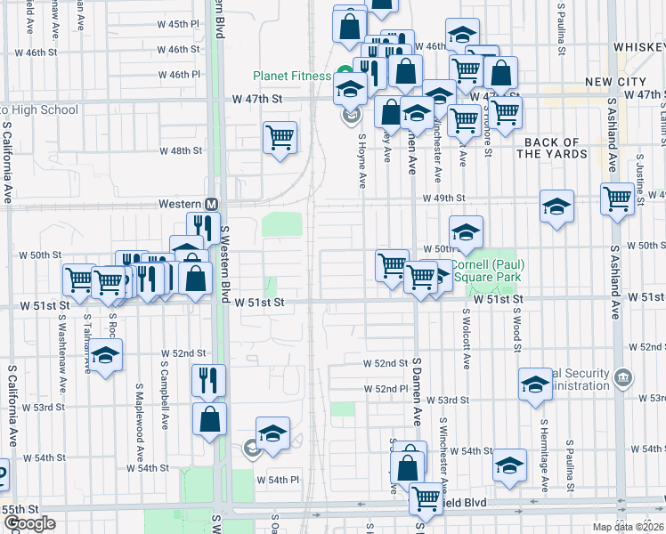 map of restaurants, bars, coffee shops, grocery stores, and more near 2127 West 50th Place in Chicago
